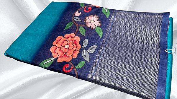 Soft Jequard Silk Floral Saree - Aqua & Blue
