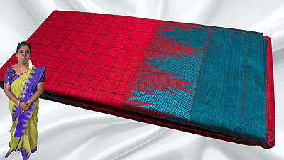 Pure Chettinadu Cotton Temple Checks Saree - Red & Blueish Green