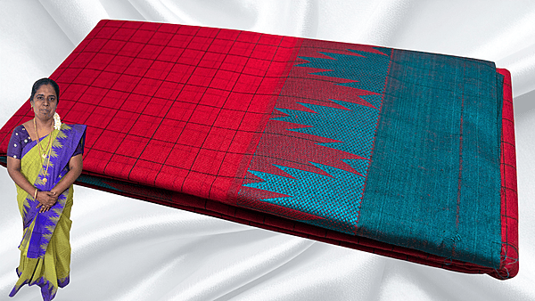 Pure Chettinadu Cotton Temple Checks Saree - Red & Blueish Green