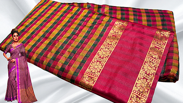 Madarash Fancy Chex Jari Saree - Rani Pink