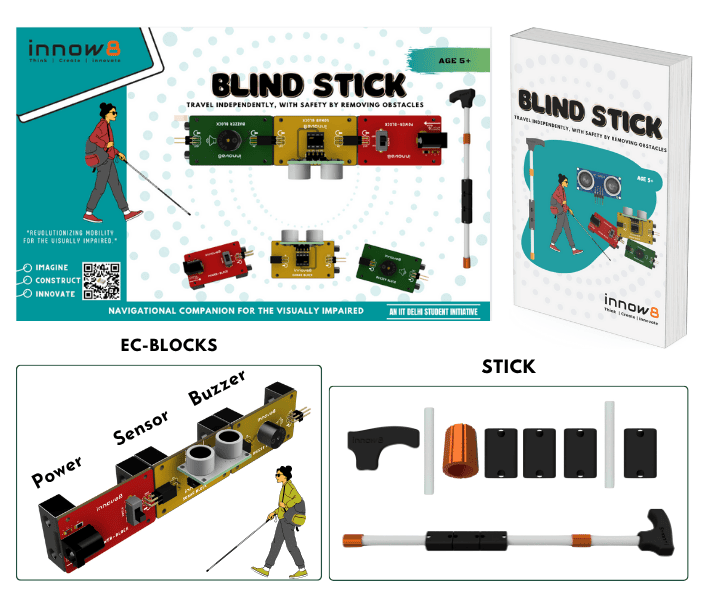 Blind Stick DIY Kit | Navigational Companion for The Visually Impaired| Plug & Play STEM Kit with Sensors, Power Block, Sonar Sensor, Buzzer & 3D Printed Stick