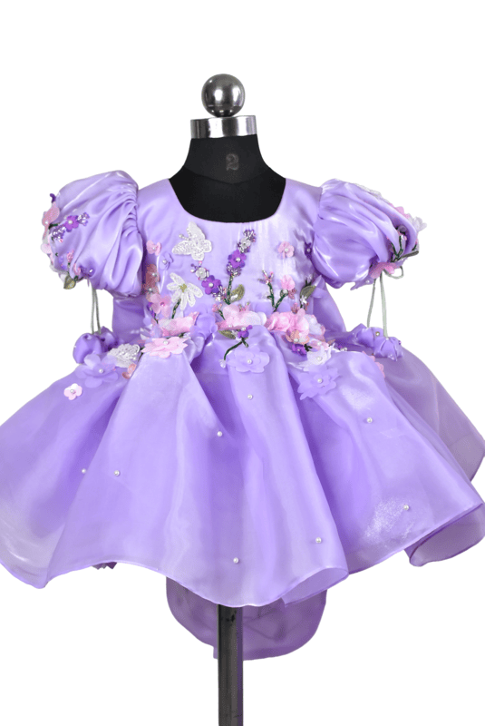 Lavender Puff Sleeve Floral Embroidered Dress