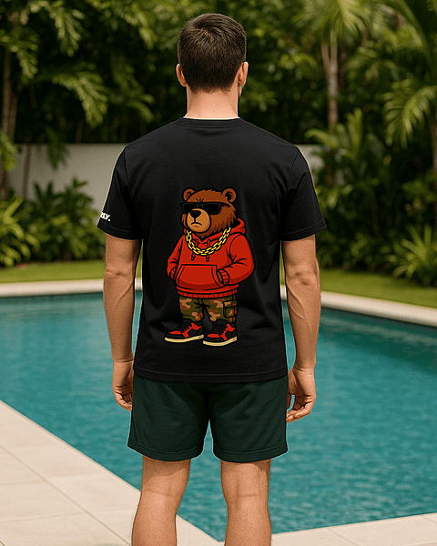 Unisex Black Thug Bear Graphic Printed Crew Neck Tee