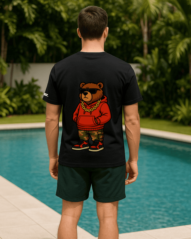 Unisex Black Thug Bear Graphic Printed Crew Neck Tee