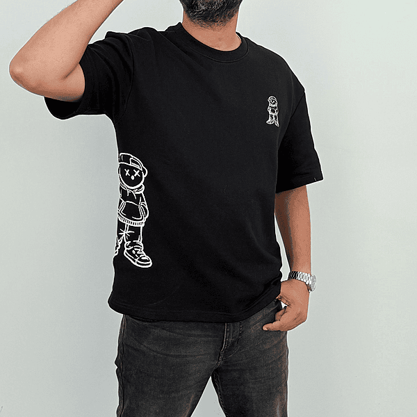 Unisex Black Urban Bear Embroidered Oversized Tee