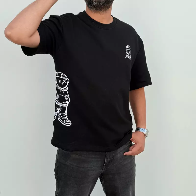 Unisex Black Urban Bear Embroidered Oversized Tee