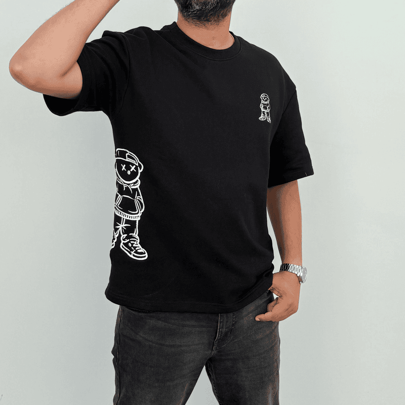 Unisex Black Urban Bear Embroidered Oversized Tee