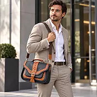 Cambridge Genuine Leather Medium Satchel Messenger Bag Green & Tan