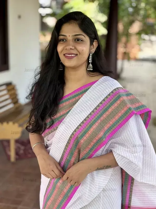 pure white striped Narayanpet cotton saree
