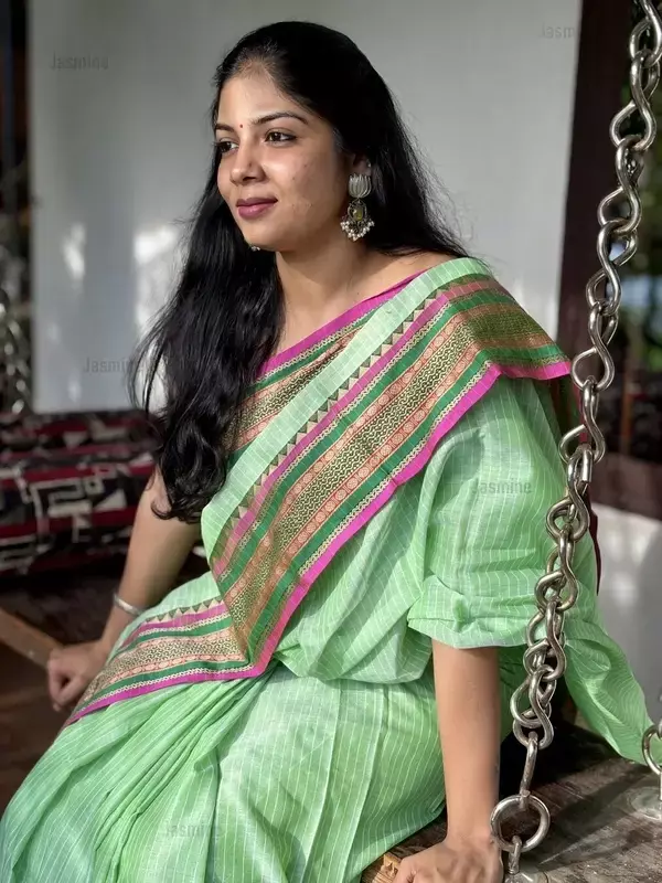 mint green striped Narayanpet cotton saree