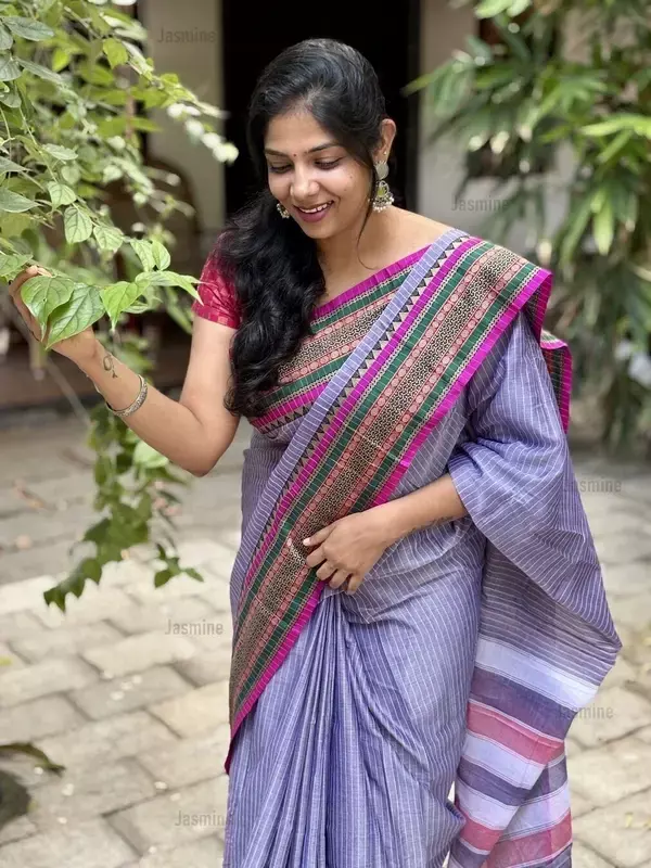 lavender striped Narayanpet cotton saree