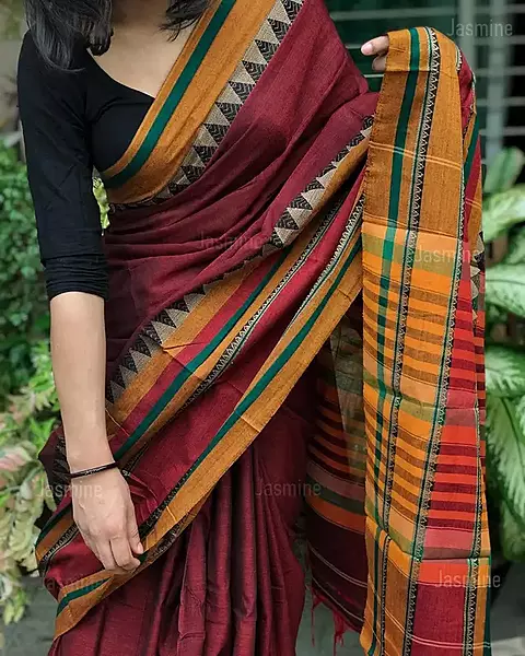 Maroon Narayanpet cotton saree with Mustard Yellow Temple Border