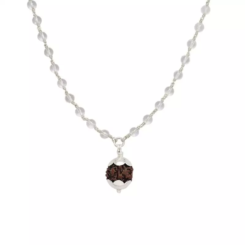 Silver Capped Spatika Mala with Rudraksha Pendant