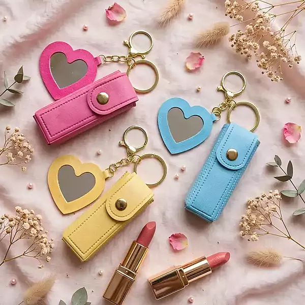 PU Leather Lipstick Holder Keychain with Heart Mirror Charm