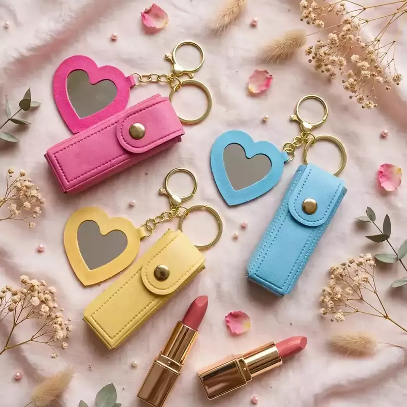 PU Leather Lipstick Holder Keychain with Heart Mirror Charm