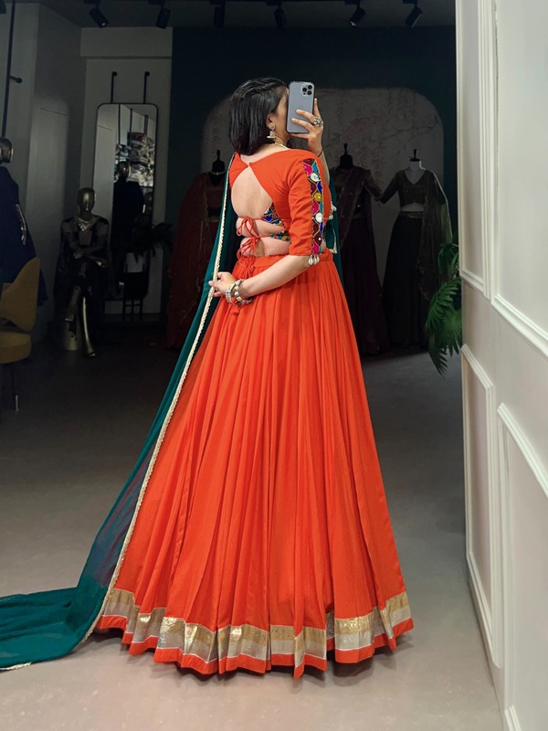"Orange Mirror Work Lehenga Choli with Green Dupatta" D.B.38