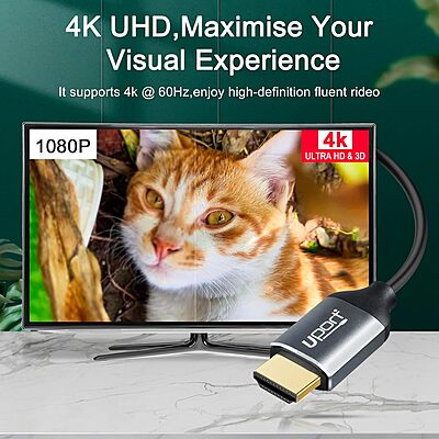 Uport 1.8M DP to DP Cable 4K features durable metal connectors for reliable performance. Perfect for connecting devices with DisplayPort, delivering stunning 4K resolution and high-quality audio.