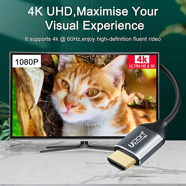 UPORT Micro HDMI to HDMI Cable 1.8M supports 4K resolution, ensuring high-quality video and audio transmission. Perfect for connecting devices like cameras, tablets, and laptops to TVs or monitors.