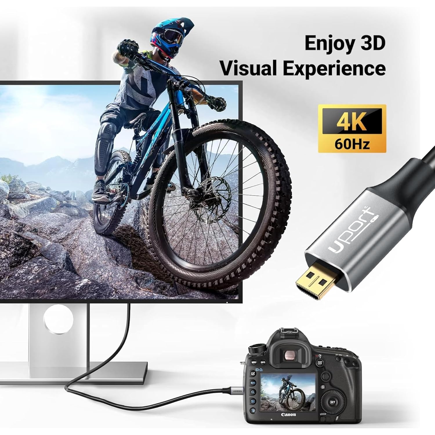 UPORT Micro HDMI to HDMI Cable 1.8M supports 4K resolution, ensuring high-quality video and audio transmission. Perfect for connecting devices like cameras, tablets, and laptops to TVs or monitors.