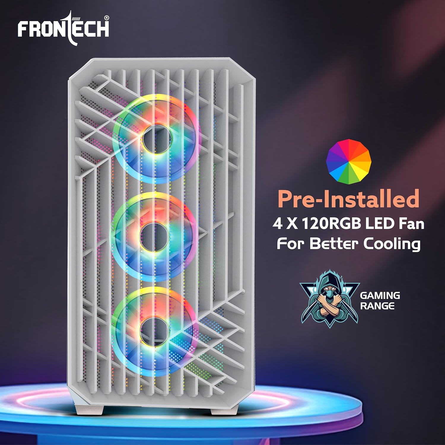 Frontech WAR Machine FT-4350 Gaming Computer Cabinet – 4×120mm LED Cooling Fans Acrylic Side Panel High Airflow Design Performance Gaming PC Case