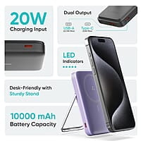 Ambrane 10000mAh Magsafe Fast Wireless Charging Power Bank, Strong Metal Mobile Stand, 22.5W Wired + 15W Wireless for iPhone 12 & Above