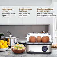 AGARO Grand Egg Boiler and Poacher,2-in1 Boils 8 Eggs, Poach 4 Eggs, Steamed Vegetables, 3 Boiling Modes, Stainless Steel Body, Transparent Lid, 500 Watts, Silver 14 ounces