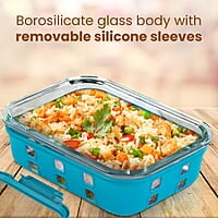 AGARO Imperial Borosilicate Glass Containers With Silicone Sleeves & With Lock Lid, 3 pcs Set, 370ml, 640ml, 1050ml Cyan.