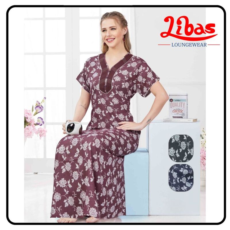 Red Shrivel Alpine Nighty in floral prints with button closure From Libas Loungewear - AL1078 Red Shrivel Alpine Nighty in floral prints with button closure From Libas Loungewear - AL1078
