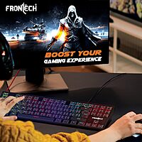 Frontech KB-0014 Wired Gaming Keyboard – Mechanical Keys | Multicolor RGB Backlight | Ergonomic Design with Retractable Stands | USB Plug & Play | 1 Year Warranty