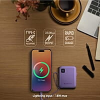ZEBRONICS MW64 Compact Power Bank, 10000 mAh, Rapid Charge, 22.5W Output, Outputs - Type C Cable | Type C Port | Lightning Port, Percentage Indicator