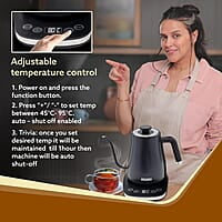 AGARO Grand Electric Goose Neck Kettle, 800 ml, Hot Water, Tea, Coffee, Stainless Steel Body, Narrow Neck, Adjustable Temperature Settings, LED display, Black | 1500 watts