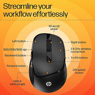 Open Box HP M120 /6 programm. buttons,1 AA battery gives upto 12 months life,upto 1600 DPI Wireless Mechanical Mouse Open Box HP M120 /6 programm. buttons,1 AA battery gives upto 12 months life,upto 1600 DPI Wireless Mechanical Mouse