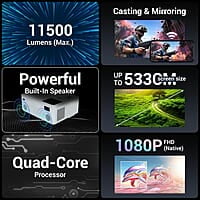 ZEBRONICS PIXAPLAY 58, Smart Projector, 11500 Lumens, 4K Support, 210 Inch Screen Size, Quad Core Processor, Bluetooth, HDMI, USB, WiFi, AUX, 1080p Native, APP Support, Miracast