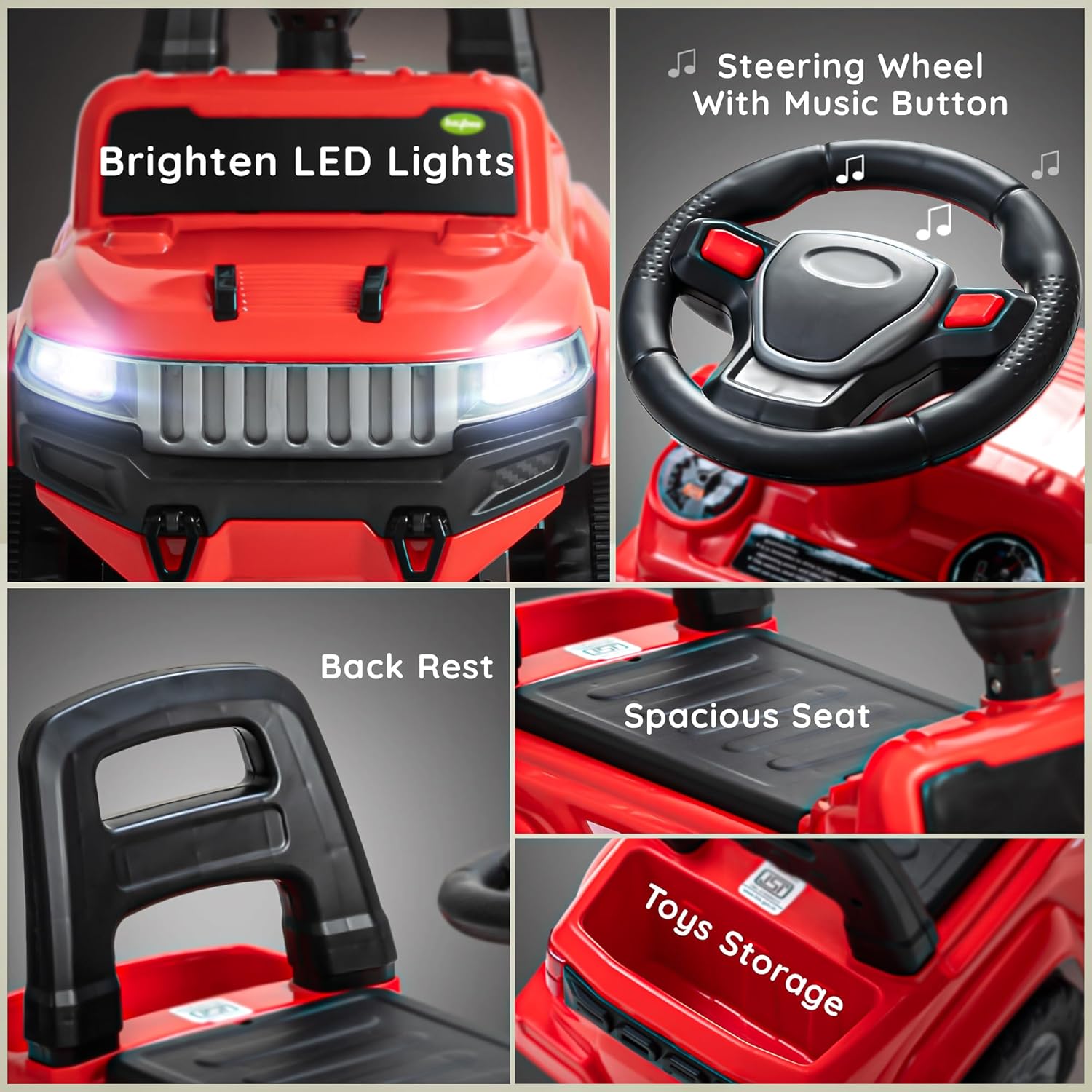 Baybee Push Ride on Baby Jeep for Kids Toys with LED Light & Storage Bin- Red Baybee Push Ride on Baby Jeep for Kids Toys with LED Light & Storage Bin- Red