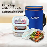 AGARO Elite Borosilicate Glass Lunch Box, 3pcs Set, 320ml Each, Office Tiffin Box with Bag Square