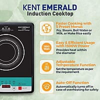 KENT Emerald Induction Cooktop 1500W | Faster Cooking with 5 Preset Options | Full Microcrystalline Glass
