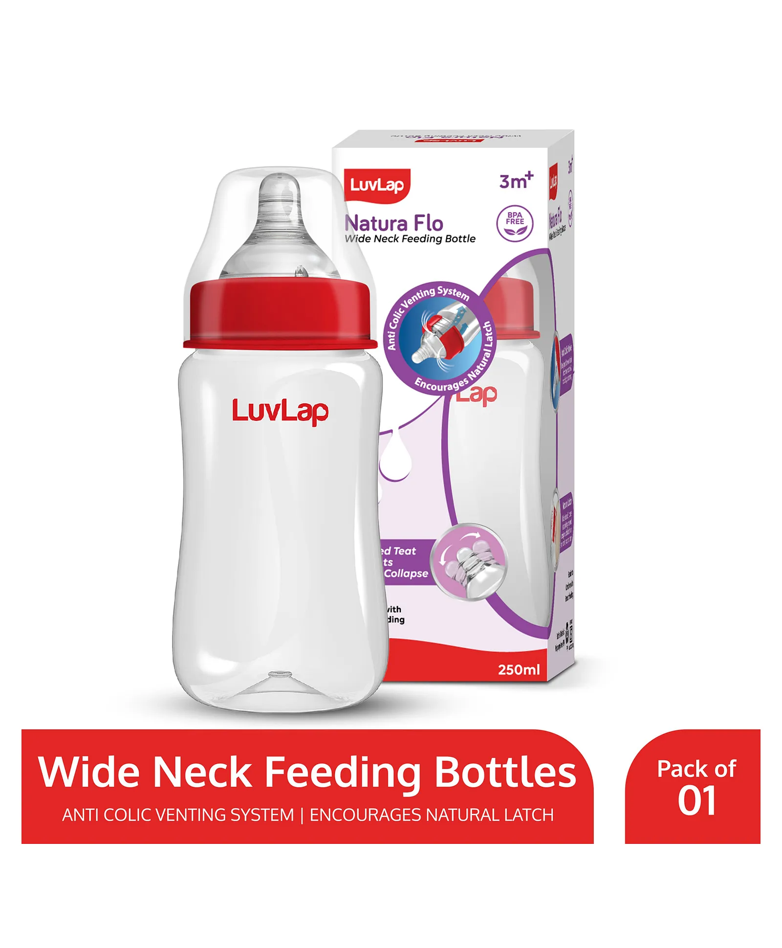 LuvLap N Flow Wide Neck Feeding Bottle Plain 250ml