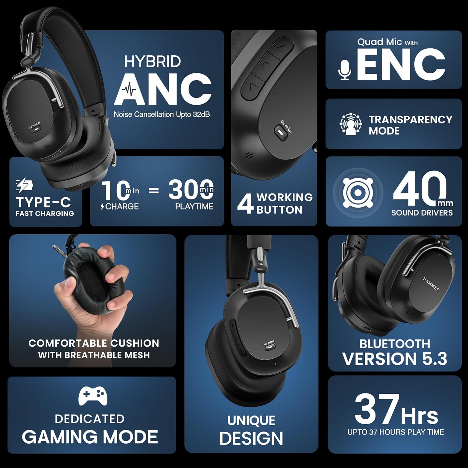 Hammer Bash Pro Wireless Headphones with 32db Hybrid ANC and Quad Mics for Clear Calling, 40mm Driver, 37Hrs Playtime, Super soft Cushion, 5.3 (Black ) Hammer Bash Pro Wireless Headphones with 32db Hybrid ANC and Quad Mics for Clear Calling, 40mm Driver, 37Hrs Playtime, Super soft Cushion, 5.3 (Black )