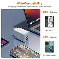 Ambrane 67W Dual Port GaN Charger,Fast Charger Adapter for Laptop, Lenovo, HP, ASUS, Dell, MacBook, iPhone Series, Samsung & Other Devices, USB & Type C Port with QC & PD Technology