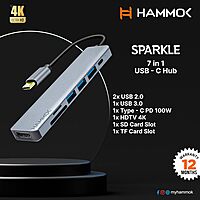 HAMMOK SPARKLE 7-in-1 Type-C Hub! This versatile hub features multiple ports for seamless connectivity, including HDMI, USB-A, and SD card slots, all in a sleek, compact design.