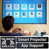 ZEBRONICS PIXAPLAY 55, Smart Projector, 8000 Lumens, 4K Support, 150 Inch Screen Size, Quad Core Processor, Bluetooth, HDMI, USB, WiFi, mSD, AUX, 1080p Native, APP Support, Miracast