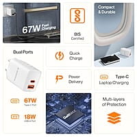 Ambrane 67W Dual Port GaN Charger,Fast Charger Adapter for Laptop, Lenovo, HP, ASUS, Dell, MacBook, iPhone Series, Samsung & Other Devices, USB & Type C Port with QC & PD Technology