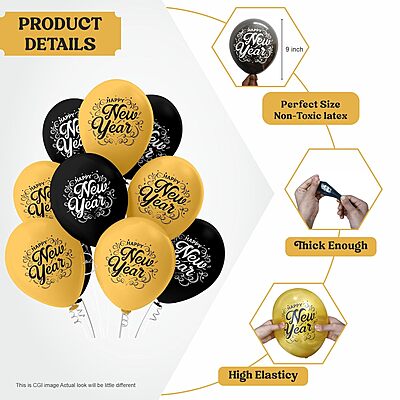 Happy New Year Latex Balloons New Year balloons Pack of 30pcs Black and Golden Balloons For New Year's Eve.