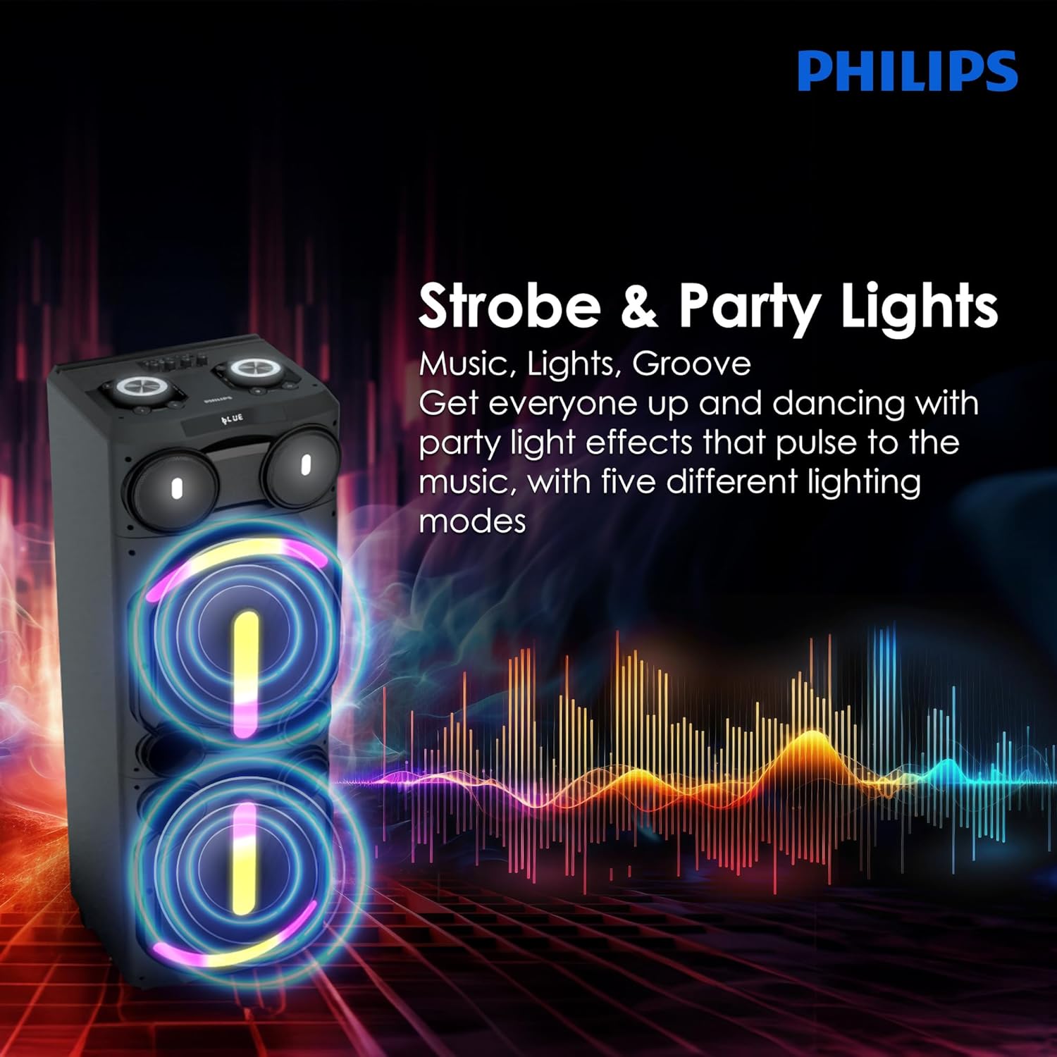 Philips TAX5708 Bluetooth Party Speaker – 400W Max Output, Dynamic Bass Boost, Karaoke, Guitar/Mic Support, Multipoint Connectivity, Party Lights, Handle with Wheels Philips TAX5708 Bluetooth Party Speaker – 400W Max Output, Dynamic Bass Boost, Karaoke, Guitar/Mic Support, Multipoint Connectivity, Party Lights, Handle with Wheels