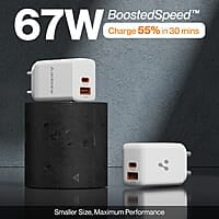 Ambrane 67W Dual Port GaN Charger,Fast Charger Adapter for Laptop, Lenovo, HP, ASUS, Dell, MacBook, iPhone Series, Samsung & Other Devices, USB & Type C Port with QC & PD Technology