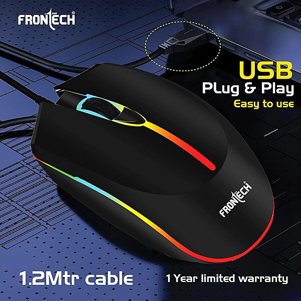 Frontech MS-0068 Wired Gaming Mouse – USB | 1200 DPI | 3 Button Design | RGB Lighting | Compact Stylish Build | Black | PC & Laptop