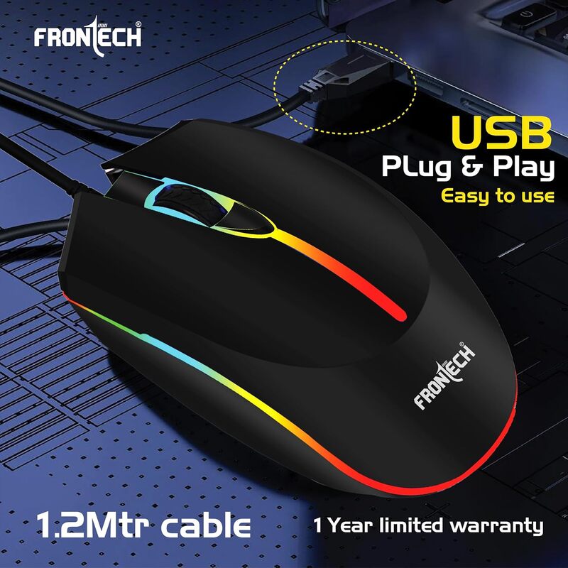 Frontech MS-0068 Wired Gaming Mouse – USB | 1200 DPI | 3 Button Design | RGB Lighting | Compact Stylish Build | Black | PC & Laptop