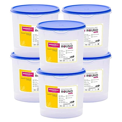 Varmora Magnum Round Smart Kitchen Storage Plastic Container – Blue Lid (2.5 Litres) (Pack of 6)