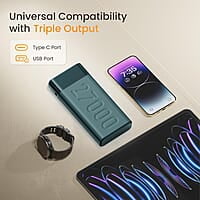 Ambrane 27000mAh Power Bank, 20W Fast Charging, Triple Output, Type C PD (Input & Output)