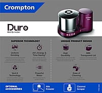 Crompton Greaves Duro 2-L Wet Grinder with Motor Vent-X Technology 1 Jar with Coconut Scrapper and Atta Kneader Accessories